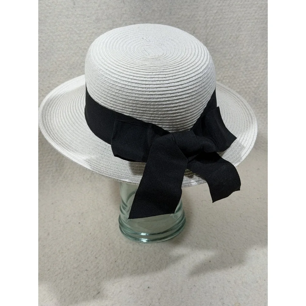 Scala Womens White Wide Brim Sun Hat Black Bow Ribbon Coastal Elegant Derby